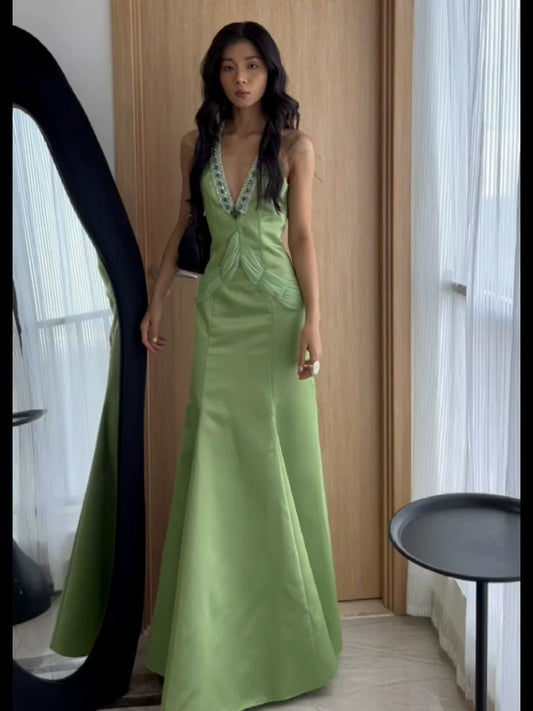Robe de bal verte sirène vintage années 80, décolleté en V, inspiration robe de soirée longue rétro tenue d'anniversaire 21 ans AB2372