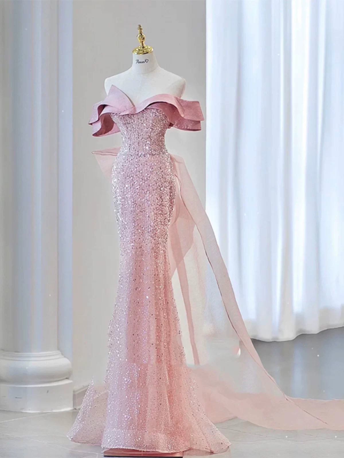 Glitzerndes Meerjungfrauen-Abendkleid, schulterfrei, rosa Pailletten, langes Ballkleid, Partykleid, Outfit für den 19. Geburtstag AB2324