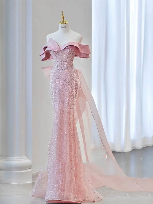 Sparkly Mermaid Evening Dress Off The Shoulder Pink Sequins Prom Dress Long Party Dress 19th Birthday Outfits AB2324