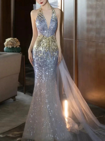 Robe de bal sirène dos nu à sequins, inspiration robe de soirée longue, tenue pour un 19e anniversaire AB2281