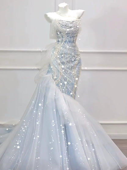 Robe de bal sirène modeste, épaules dénudées, en tulle bleu orné de perles, inspiration robe de soirée longue pour un 21e anniversaire AB2289
