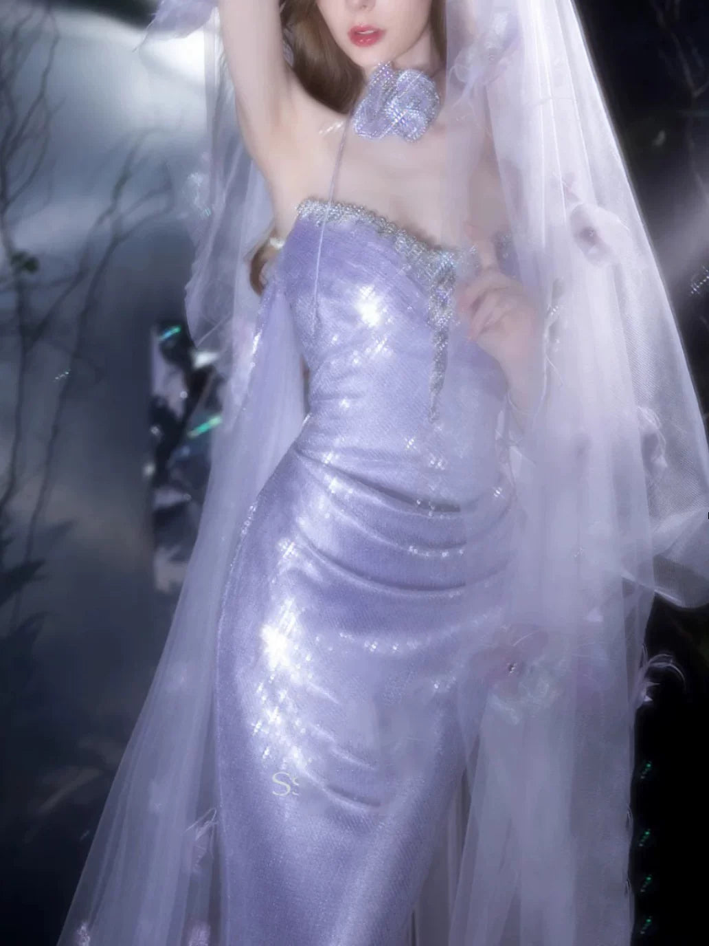 Robe de bal sirène bustier lilas à fente et sequins, inspiration robe de soirée longue pour un 21e anniversaire AB2288