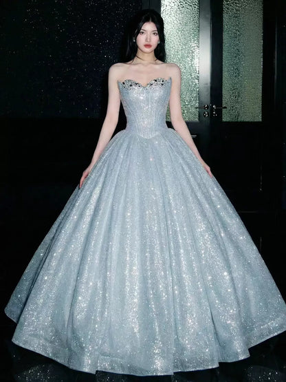 Robe de bal scintillante 2026, sans bretelles, sequins bleus, inspiration pour les bals de fin d'année, robes de soirée longues, tenues pour un 19e anniversaire AB2265