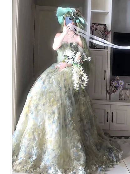 Robe de bal de princesse bustier fleuri vert forêt en tulle, inspiration robes de soirée longues, tenues pour un 20e anniversaire AB2264