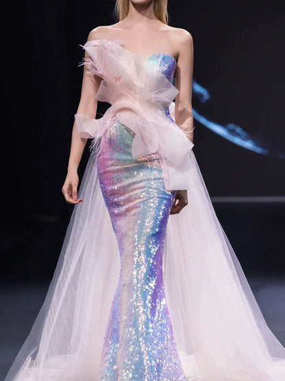 Elegantes, trägerloses, lilafarbenes Pailletten-Abendkleid im Meerjungfrauenstil – Inspiration für lange Partykleider und Outfits zum 19. Geburtstag AB2282