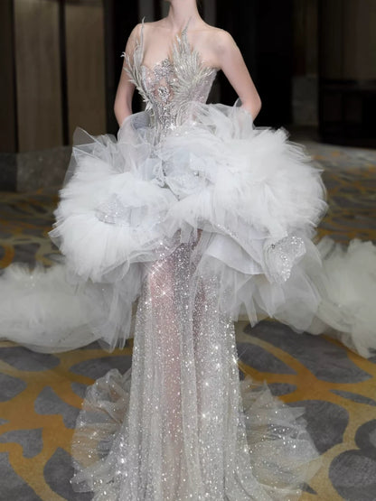 Robe de bal sirène modeste à col rond, ornée de sequins et de perles argentées, inspiration robe de soirée longue pour un 19e anniversaire AB2275