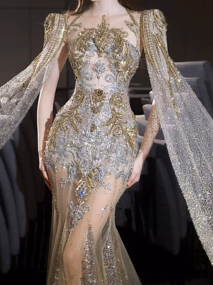 Luxuriöses Brautkleid im Meerjungfrauenstil mit Rundhalsausschnitt, langen Ärmeln, Gold mit Ärmeln und Cape, Pailletten, für figurbetonte Brautkleider AB2283