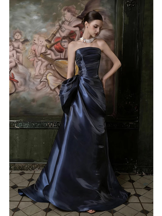 Simple Mermaid Navy Blue Strapless With Pleated Prom Dresses Inspiration Long Party Night Evening Gowns 19th Birthday Outfits AB2268