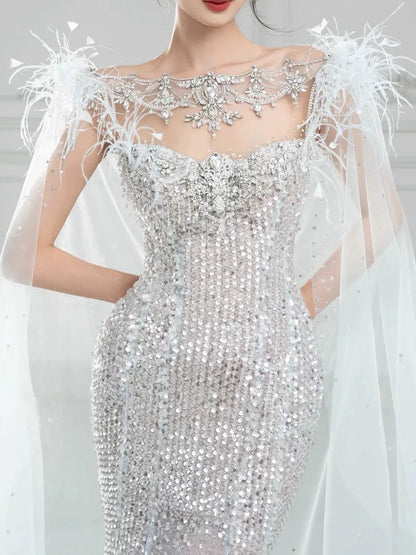Luxuriöses Meerjungfrauen-Abendkleid mit Pailletten, Cape, langes Partykleid, Outfit für den 19. Geburtstag AB2326