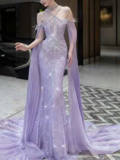Funkelndes Meerjungfrauen-Neckholderkleid mit Pailletten in Flieder – Inspiration für lange Party-Nachtkleider und Outfits zum 20. Geburtstag AB2295