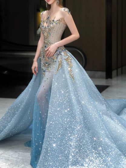 Elegantes Meerjungfrauen-Abendkleid mit Pailletten und Perlenstickerei, U-Boot-Ausschnitt, Inspiration für lange Partykleider, Outfits zum 19. Geburtstag AB2272