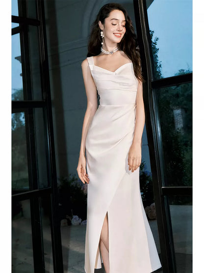 Sexy Etuikleid aus weißem Satin, knöchellang, ideal für Abschlussball, Hochzeit oder als Outfit für den 22. Geburtstag (AB2509)