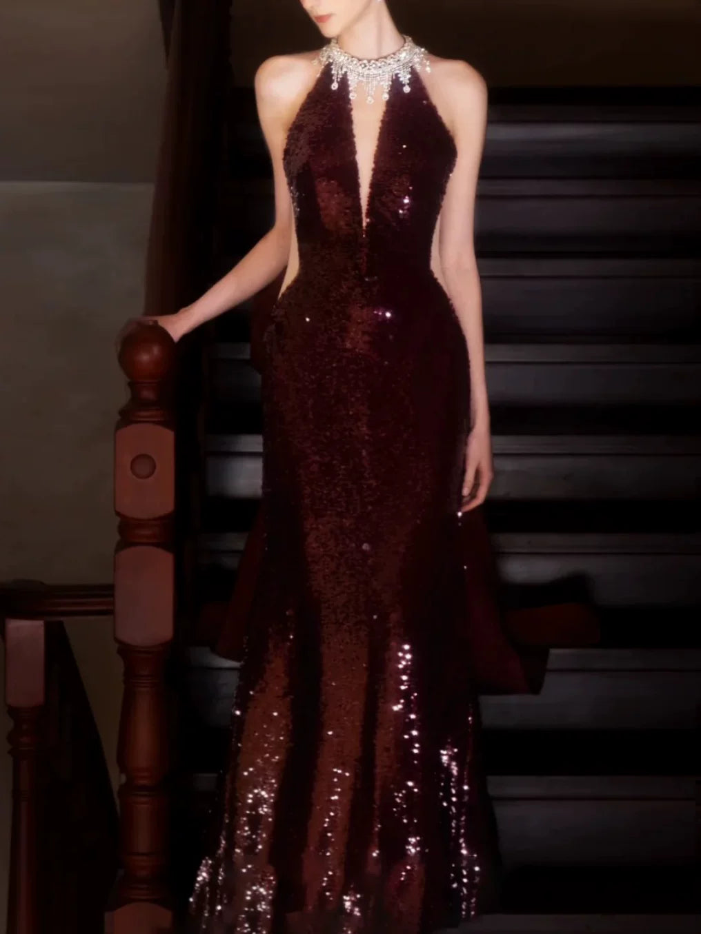 Robe de bal sirène modeste à col montant et sequins bordeaux, inspiration robe de soirée longue pour un 21e anniversaire AB2293