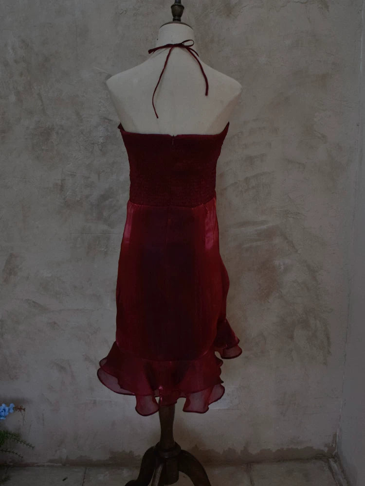 Robe de cocktail courte bordeaux vintage à col fourreau et dos nu, idéale pour un 16e anniversaire, un bal de promo ou une soirée (AB2382)