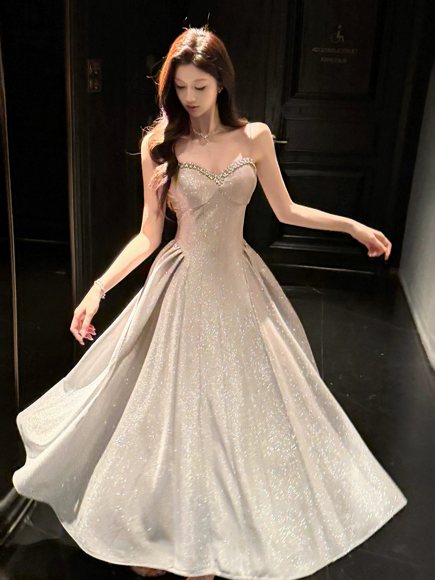 Robe de bal rose à sequins, coupe trapèze, bretelles spaghetti, style modeste, idéale pour un mariage ou un 20e anniversaire (AB2463)
