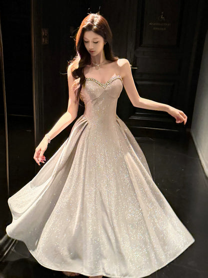 Robe de bal rose à sequins, coupe trapèze, bretelles spaghetti, style modeste, idéale pour un mariage ou un 20e anniversaire (AB2463)