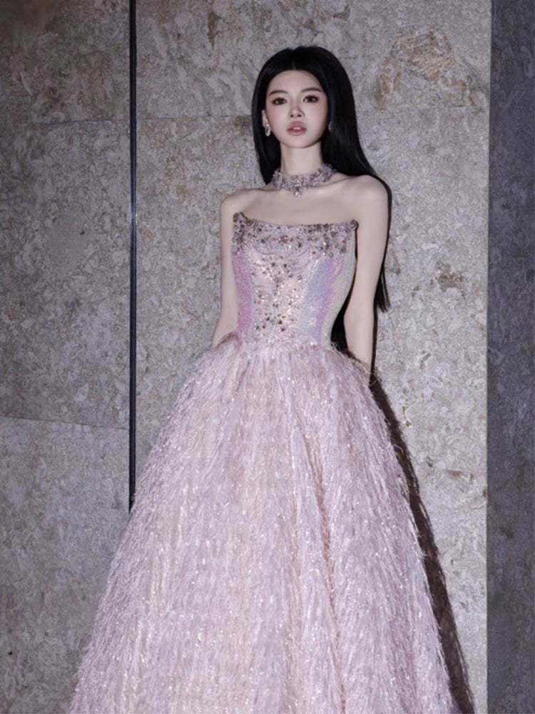 Prinzessinnen-Ballkleid, trägerlos, rosa mit Perlen, Inspiration für lange Party- und Nachtkleider, Outfits zum 18. Geburtstag AB2233