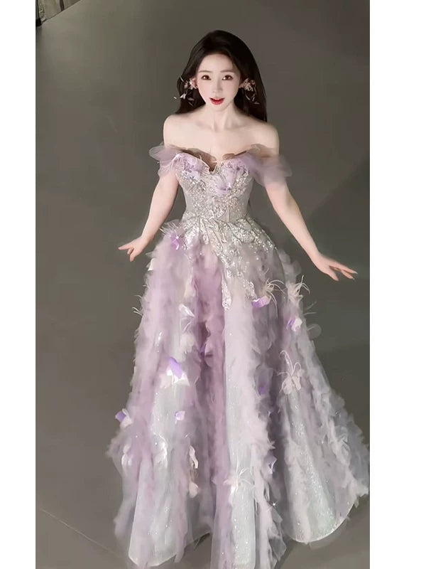 Süßes Ballkleid, schulterfrei, aus rosa Tüll, Inspiration für lange Party-Nachtkleider, Outfits zum 20. Geburtstag AB2238