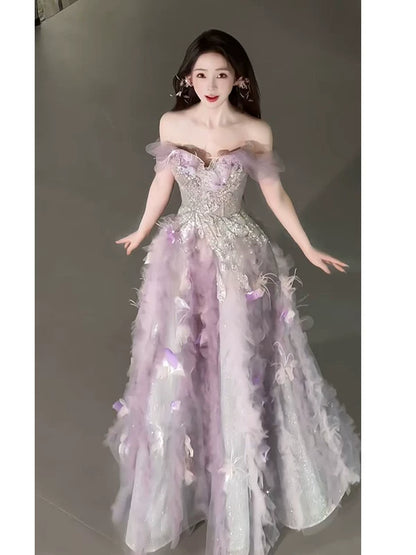 Süßes Ballkleid, schulterfrei, aus rosa Tüll, Inspiration für lange Party-Nachtkleider, Outfits zum 20. Geburtstag AB2238