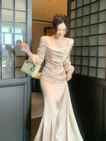 Elegantes Meerjungfrauen-Abendkleid mit eckigem Ausschnitt, rosa, seidig-satinfarben, knöchellang, perfekt für den 16. Geburtstag, AB2432