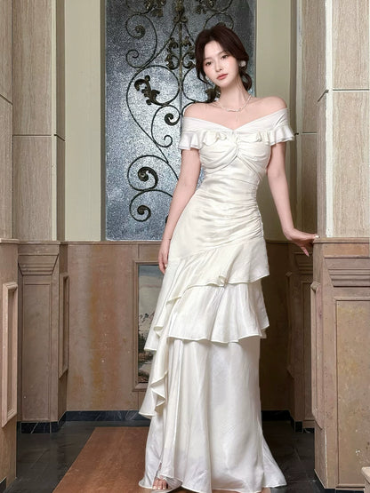 Robe de bal longue blanche élégante à épaules dénudées, style sirène, idéale pour une soirée d'anniversaire ou une fête de 16 ans (AB2504)