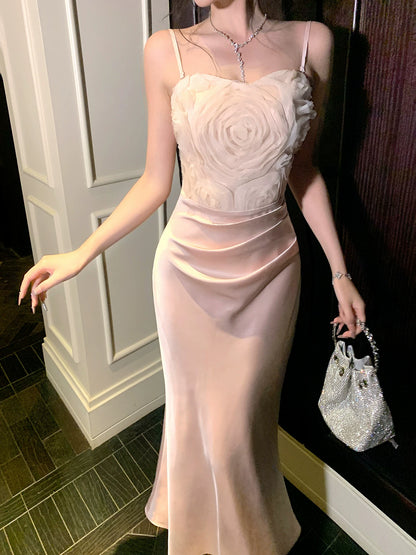 Sexy Meerjungfrauen-Abendkleid mit Spaghettiträgern aus rosa Satin, auch als Hochzeitsgastkleid oder Outfit zum 20. Geburtstag geeignet (AB2464)