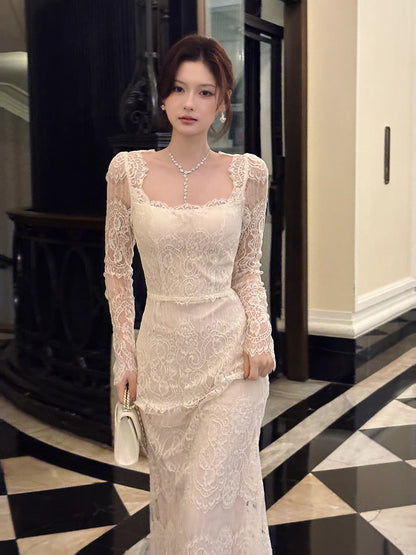 Robe de bal sirène sexy, col carré, dentelle blanche, manches longues, longueur cheville, robe d'invitée de mariage, tenue pour un 22e anniversaire AB2491