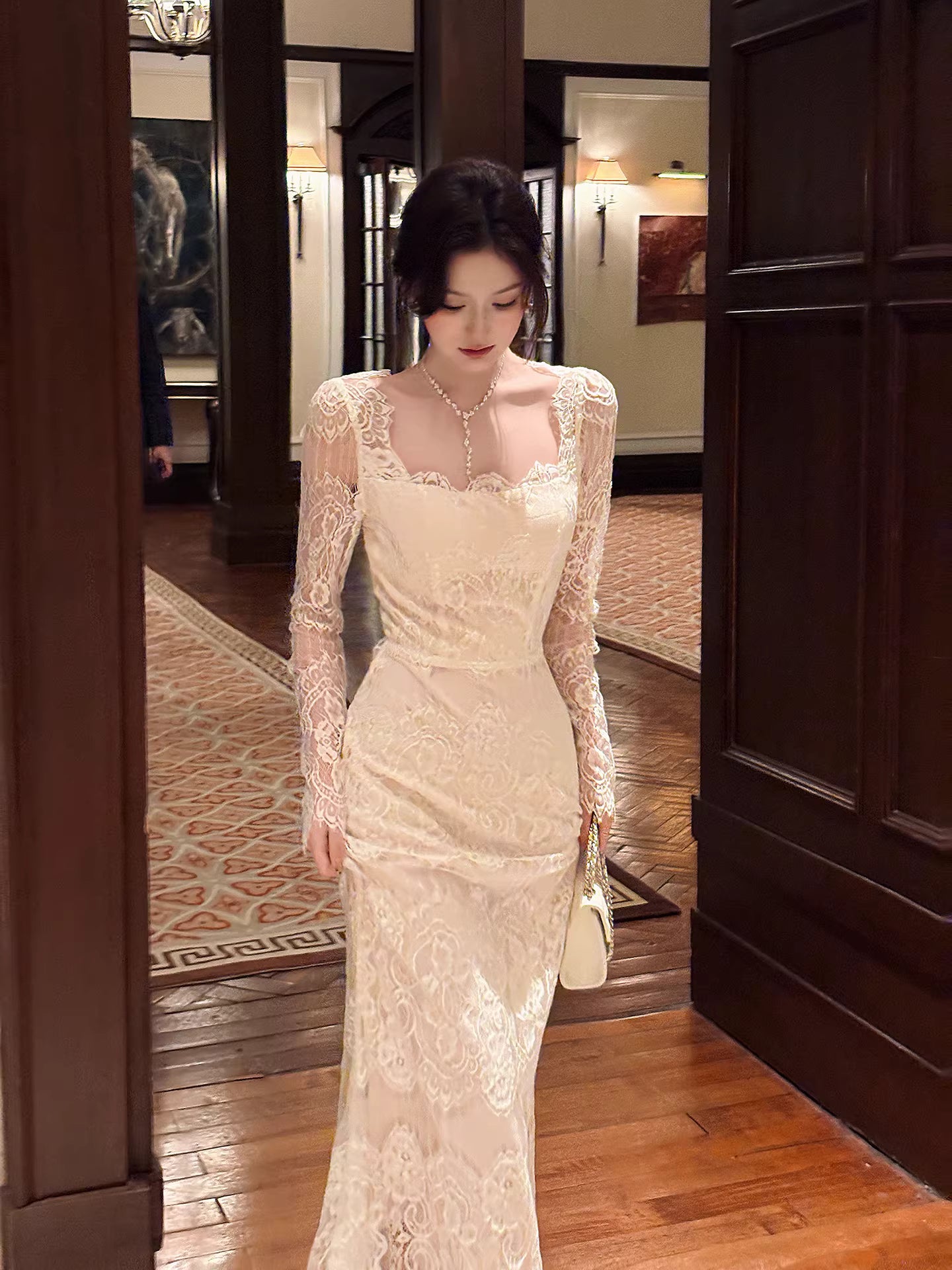 Robe de bal sirène sexy, col carré, dentelle blanche, manches longues, longueur cheville, robe d'invitée de mariage, tenue pour un 22e anniversaire AB2491