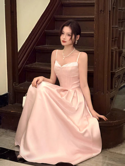 Elegantes, knöchellanges A-Linien-Abendkleid aus rosa Satin mit Spaghettiträgern – perfekt für den 17. Geburtstag oder andere festliche Anlässe (AB2497)
