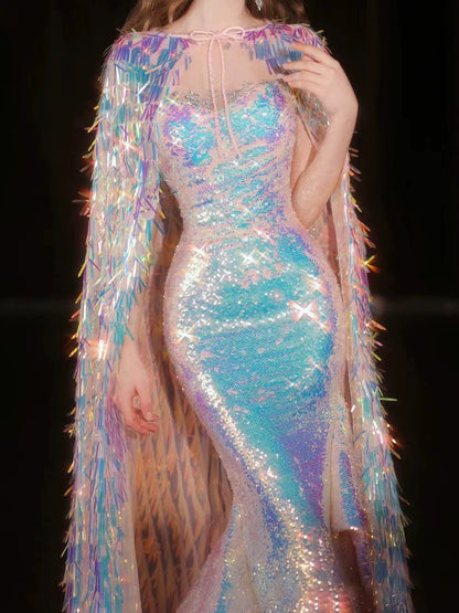 Robe de bal sirène scintillante à décolleté cœur et cape, inspiration robe de soirée longue, tenue pour un 20e anniversaire AB2297