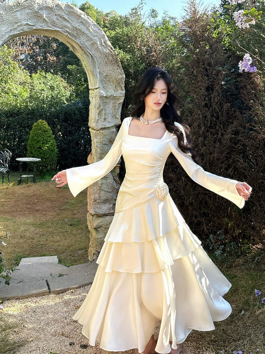 Modest Mermaid Square Neck Ivory Satin Long Sleeves Prom Dresses Wedding Guest Dress 16th Birthday Outfits AB2448