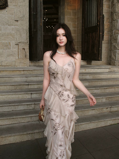Robe de bal longue sirène élégante à fines bretelles en mousseline rose à sequins roses, à plusieurs couches, tenue de soirée de remise de diplômes esthétique N085