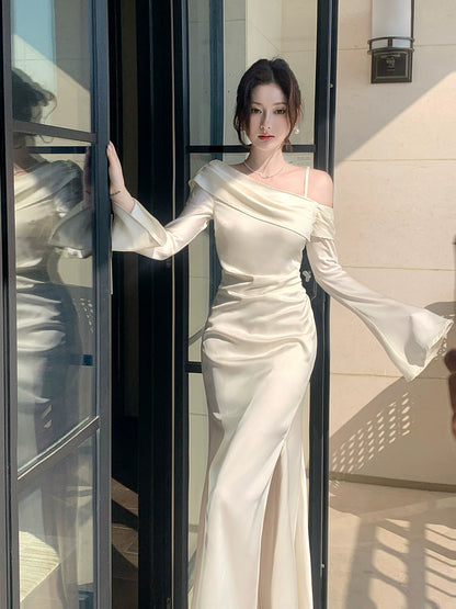Robe de bal sirène élégante en satin soyeux blanc, épaules dénudées, longueur cheville, tenue pour une soirée d'anniversaire ou un 16e anniversaire AB2430