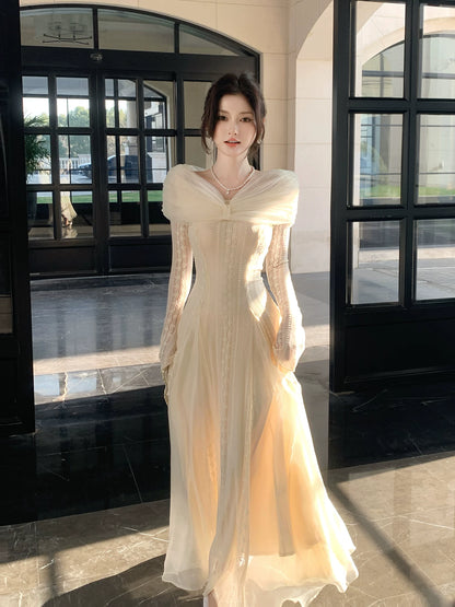 Modest A line Off The Shoulder Lace White Long Sleeves Prom Dresses Wedding Guest Dress Birthday Outfits AB2440