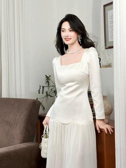 Robe de bal mi-longue en mousseline blanche, coupe trapèze, col carré et taille basse - N082