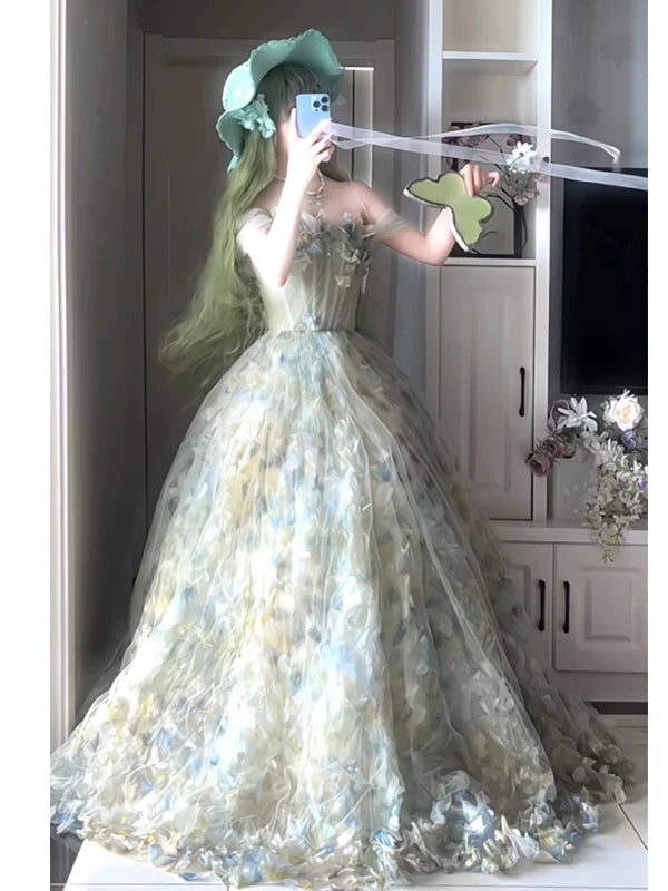 Robe de bal de princesse bustier fleuri vert forêt en tulle, inspiration robes de soirée longues, tenues pour un 20e anniversaire AB2264