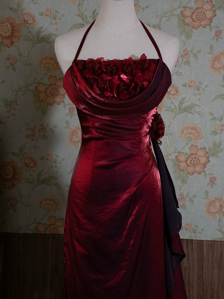 Robe de bal longue vintage années 90, coupe trapèze, col halter fleuri, inspiration robe de soirée rétro tenue d'anniversaire 21 ans AB2375