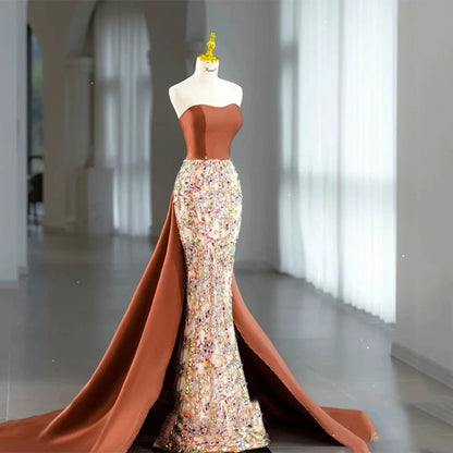 Robe de bal sirène bustier à sequins floraux marron, inspiration robe de soirée longue pour un 19e anniversaire AB2323