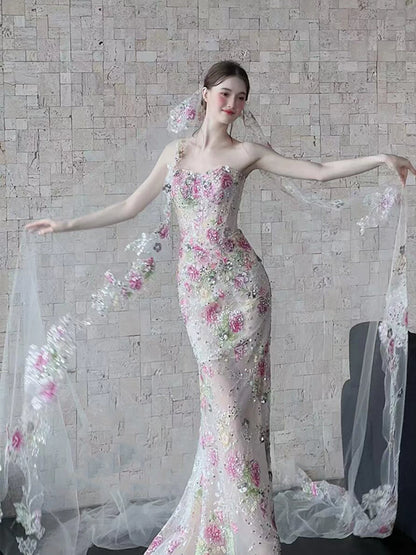 Elegantes, trägerloses, langes Meerjungfrauen-Abendkleid mit floraler Spitze, Abendgarderobe AB2201