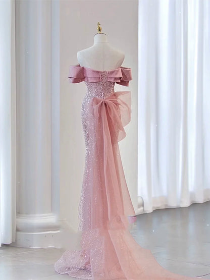 Glitzerndes Meerjungfrauen-Abendkleid, schulterfrei, rosa Pailletten, langes Ballkleid, Partykleid, Outfit für den 19. Geburtstag AB2324