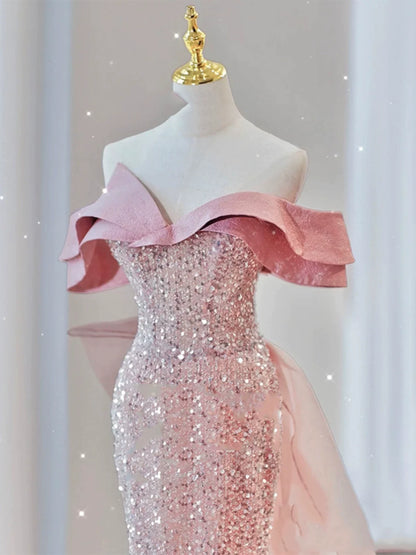 Glitzerndes Meerjungfrauen-Abendkleid, schulterfrei, rosa Pailletten, langes Ballkleid, Partykleid, Outfit für den 19. Geburtstag AB2324