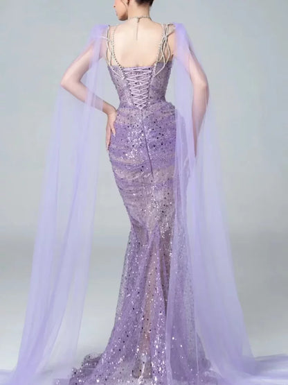 Glitzerndes Meerjungfrauen-Abendkleid, Neckholder, lila Pailletten, langes Ballkleid, Partykleid, Outfit zum 21. Geburtstag AB2317