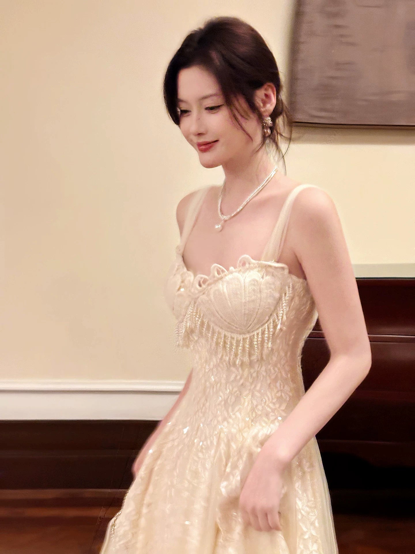 Robe de bal sexy trapèze à fines bretelles en dentelle abricot, robe d'invitée de mariage, tenue pour un 20e anniversaire AB2469