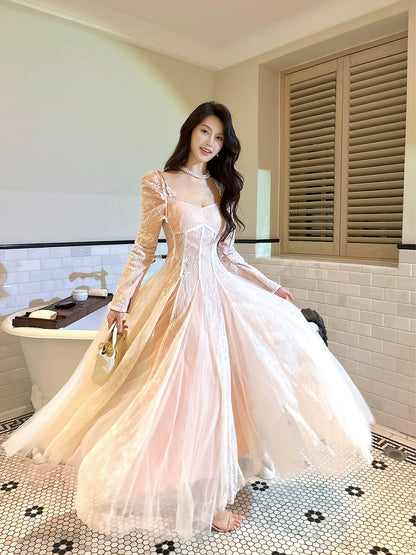 Robe de bal plissée en dentelle à manches longues et coupe trapèze, idéale pour une remise de diplôme, un 18e anniversaire ou toute autre occasion spéciale (N091)