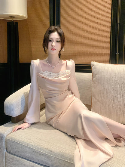 Elegantes Meerjungfrauen-Abendkleid mit eckigem Ausschnitt, rosa, seidig-satinfarben, knöchellang, perfekt für den 16. Geburtstag, AB2432