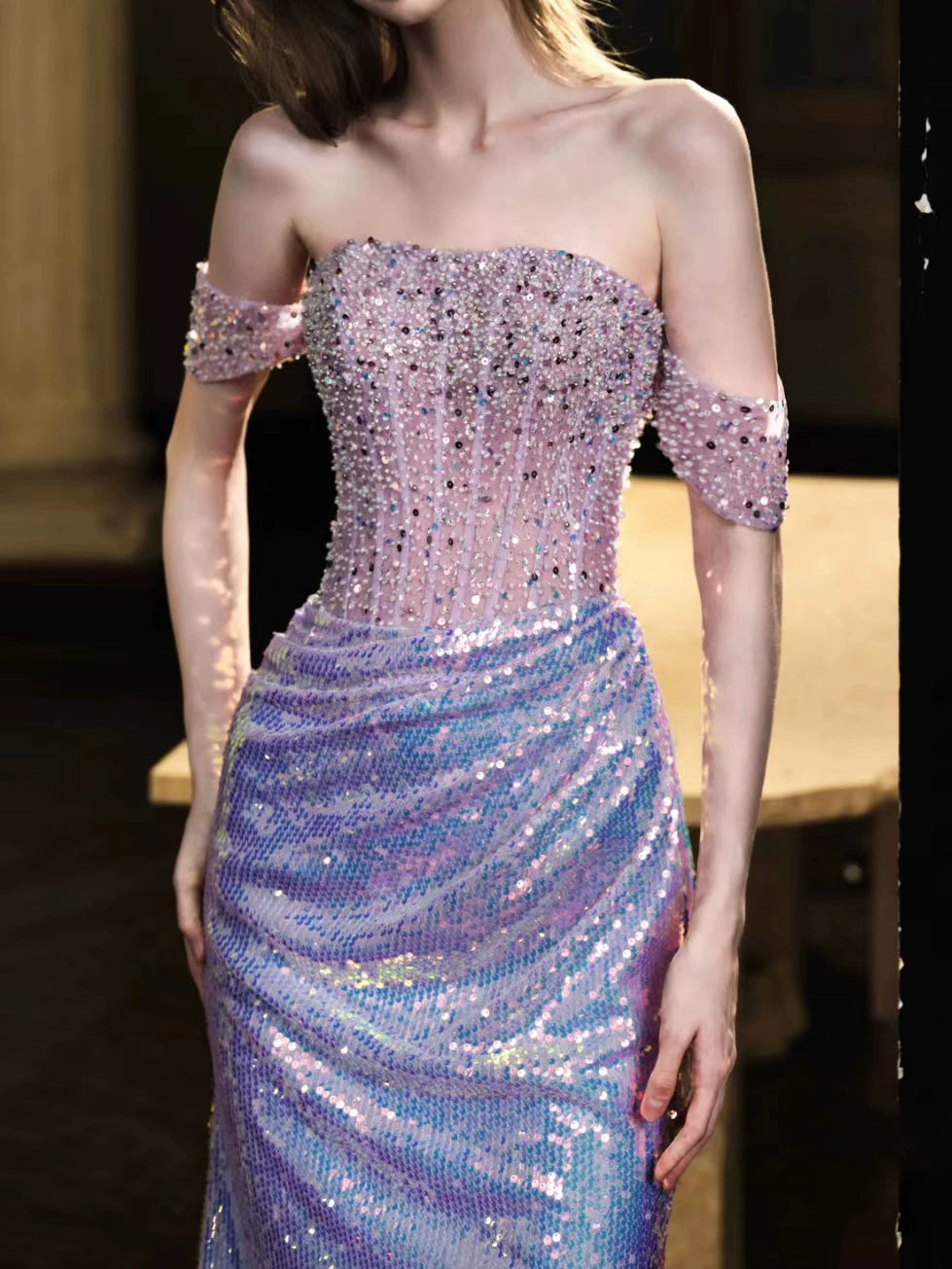 Robe de bal sirène élégante à épaules dénudées, sequins lilas, inspiration robe de soirée longue pour un 19e anniversaire AB2305