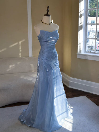 Robe de bal longue bleue sirène vintage sans bretelles avec plis, inspiration robe de soirée, tenue pour un 18e anniversaire AB2369
