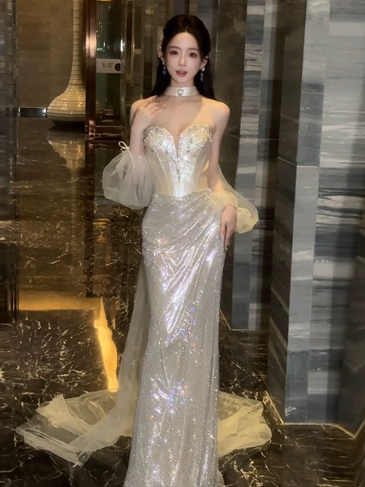 Sexy Meerjungfrauen-Abendkleid mit Pailletten, champagnerfarben, langes, formelles Ballkleid, Tanznacht-Outfit, Partykleid AB2204