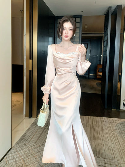 Elegantes Meerjungfrauen-Abendkleid mit eckigem Ausschnitt, rosa, seidig-satinfarben, knöchellang, perfekt für den 16. Geburtstag, AB2432