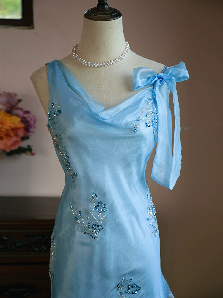 Vintage Meerjungfrauen-Abendkleid aus den 1980er Jahren, knielang, blau mit Perlen, Inspiration für Partys, Abendkleider, Outfits zum 18. Geburtstag AB2373